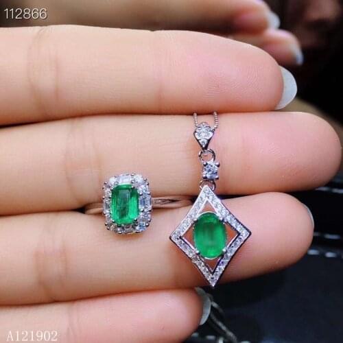KJJEAXCMY exquisite jewelry 925 Silver-inlaid Natural Gem Emerald Girl Ring Pendant Set Support Detection asqwe