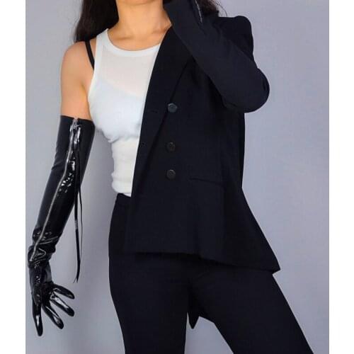 LATEX LONG GLOVES Faux Patent Leather PU 60cm Black Silver Zipper Pull Tassel Women Leather Gloves 2020 NEW WPU229