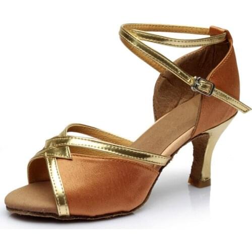 Summer Satin Latin Dance Shoes Sandals Soft Sole Dancing Shoes 7cm Heel Height Tango Ballroom Dance Shoes Sandals