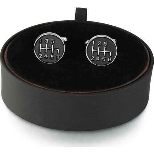 DY A set of high quality circular black car gear Cufflinks black leather box men French shirt Cufflinks box set free shipping