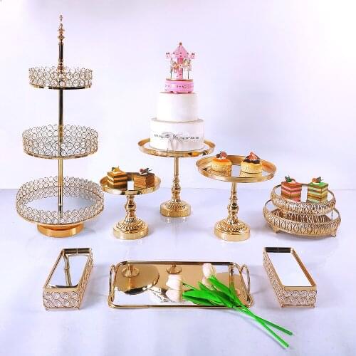 Gold 8-9pcs Set Plate Rack Metal Cake Stand Display Wedding Birthday Party Dessert True Crystal Cupcake