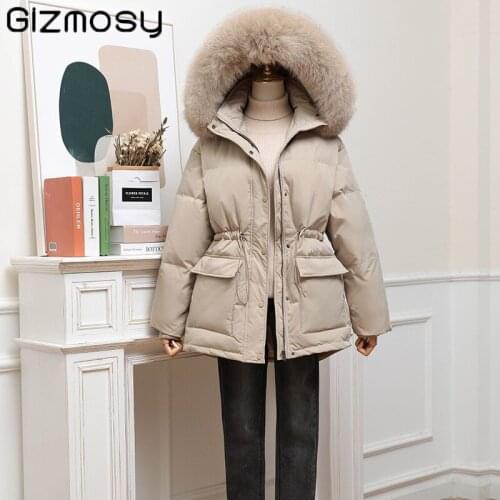 Gizmosy New Winter Women Thick Warm Large Real Fur Hooded Down Jacket 95% White Duck Down Coat Waist Retractable Parker Overcoat