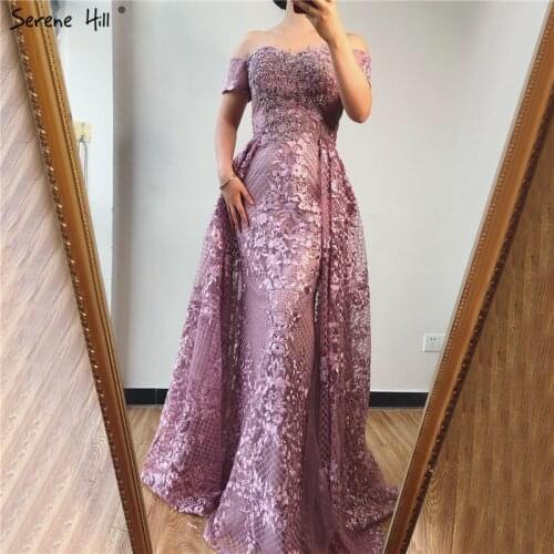Serene Hill Pink Short Sleeve Handmade Flowers Sexy Evening Dress 2020 Dubai Off Shoulder Crystal Formal Party Gown CLA70200