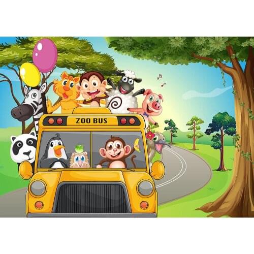 Cartoon Forest Animals Bus Balloon Birthday Photo Background Vinyl Backdrop for Children Baby Shower Photocall Photography Props