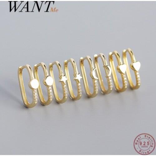 WANTME 925 Sterling Silver Punk Shiny Zircon Star Moon Heart Round Ear Buckle for Women Men Simple Rock Hoop Earrings Jewelry