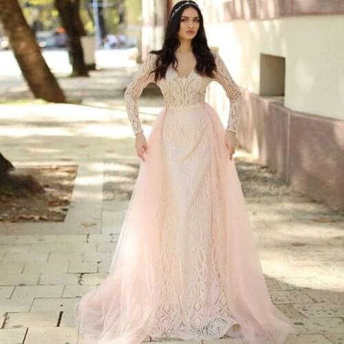 Chic Pink Lace Tulle Long Prom Dresses V-Neck Long Sleeves Princess Formal Party Dresses Special Occasion Gowns Vestido De Gala
