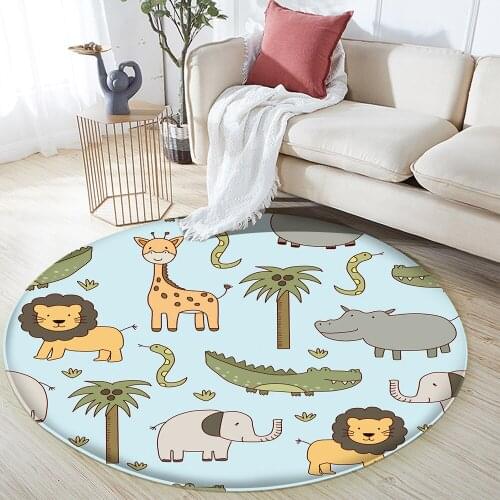 Blue Cute Lion Elephant Pattern Children Comfortable Round Carpet Non-Slip Children Flannel Carpet Baby Carpet Baby Play Mat
