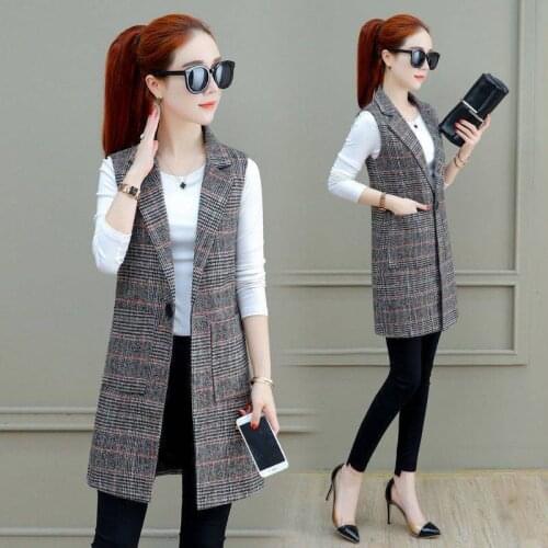 Plaid Long Vest Jacket Female Plus Size 5XL 6XL Spring Autumn Slim Sleeveless coat Single Button Casual Women Outwear Waistcoat