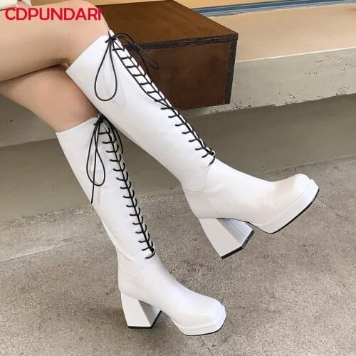 Ladies Black White High Heels Platform Knee High Boots Women Autumn Winter Modern Long Boots Party Shoes Botas Invierno Mujer