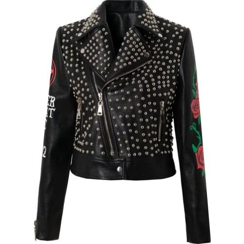 Women Spring Black Rivet Leather Jackets With Rose Rock Punk DJ Jackets and Coats For Women