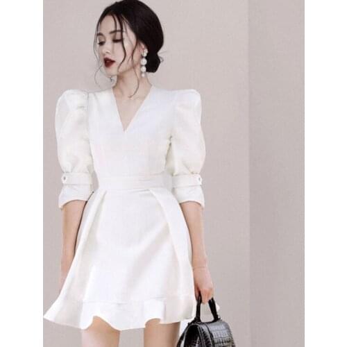 2021 New Vintage V-Neck Slim Waist Women Dress Elegant Puff- Sleeve White Female Mermaid Dress Summer Party Vestidos