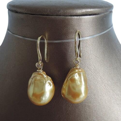 100% freshwater gold pearl earring with 925 silver hook -- AA gold Pearl,18-20 mm big baroque pearl earring