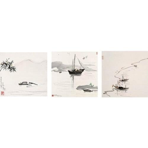 3 Pieces(No Frame) Wall Art PictureChina Boats On Lake Landscape Canvas Prints Canvas Paintings Home Decoration