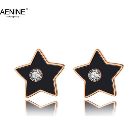 AENINE Titanium Stainless Steel Black Acrylic Star Party Earrings For Women Rose Gold CZ Crystal Stud Earrings Jewelry AE19251