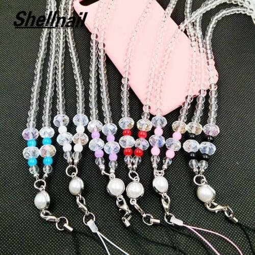 Shellnail Crystal Lanyard Mobile Phone Hanging Chain Rope Neck Crystal Transparent Pearl Strap Handmade Trend Bling Bead Lanyard
