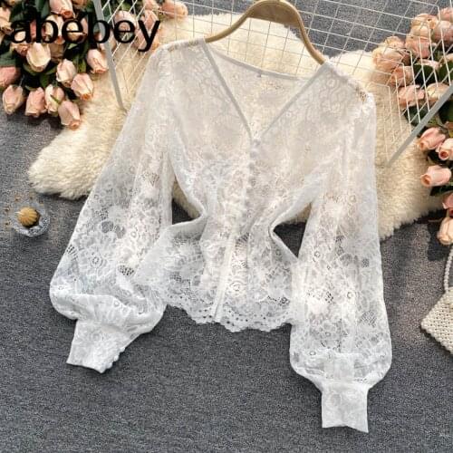 Women Cotton Linen Wrap Blouse Long Lantern Sleeves Elegant Solid Tops Streetwear Autumn Hollow Korean White Blouses