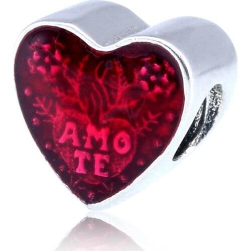 Authentic S925 Silver Bead Enamel Latin Love Heart Charms fit Lady Bracelet Bangle DIY Jewelry