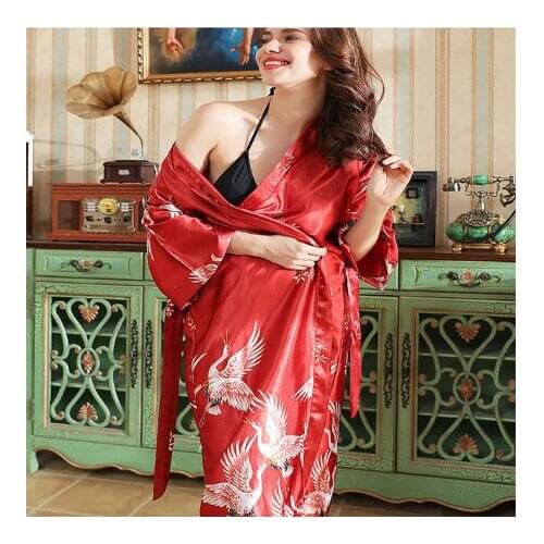 Japanese Style Long Loose Satin Peacock Woman Yukata Dress Pajamas Oriental Crane Kimono Haori Chinese Qipao Nightgown Robe