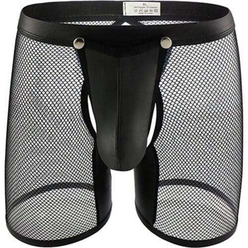 Men Underwear Shorts Lingerie Sexy Mesh Transparent PU Leather Open Penis Pouch Long Leg Boxer Shorts Open Butt Fetish Clubwear