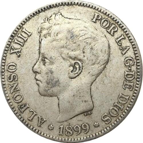 Spain 1899 5 Pesetas Alfonso XIII 3rd portrait RE Y CONST L DE ESPANA Cupronickel Silver Plated Copy Coin With Letter Star Edge