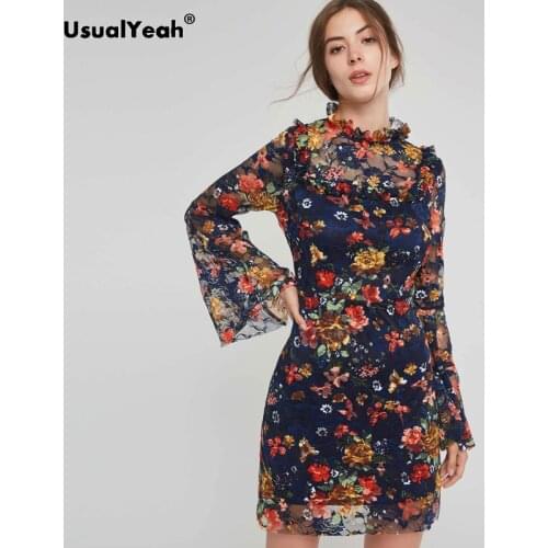 USUALYEAH Dark Blue Floral Lace Mini Dress Women Elegant Frilled Stand Collar Flare Sleeve Sexy Hollow Out Mini Wrap Dress