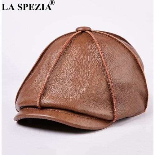 LA SPEZIA Mens Newsboy Caps Real Cow Leather Women Casual Brown Cap Ivy Duckbill Hats Spring Luxury Brand Artistic Flat Hats