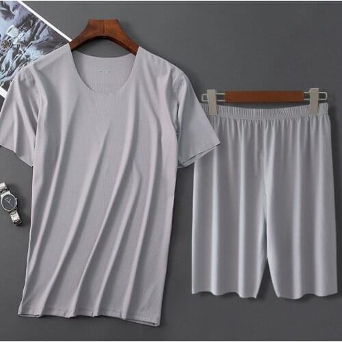 Men Ice Silk Pajamas Solid Shirt&Pant 2PCS Pijamas Sleep Set Casual Male Home Clothes Summer New Pyjamas Sleepwear Nightwear 4XL