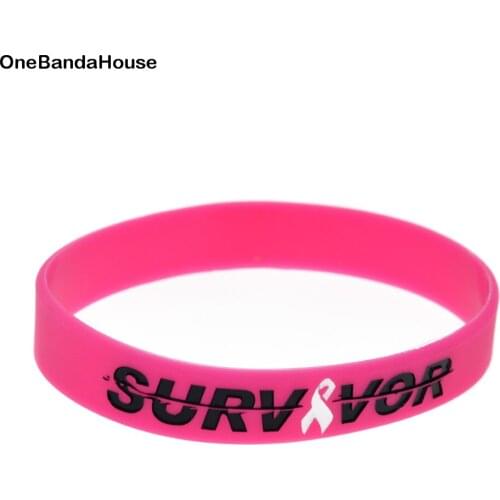 OBH 50PCS Survivor Ribbon Silicone Bracelet for Cancer Awareness Pink Adult Size