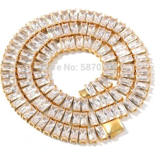 Stainless steel baguette tennis chain necklace, pink zircon tennis necklace