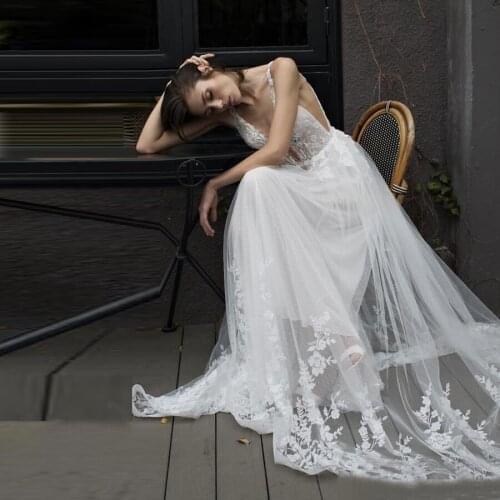 Sexy Deep V-neck Applique Lace Backless Wedding Dresses A-line Sweep Train Tulle Gown vestido de novia Bride Dress