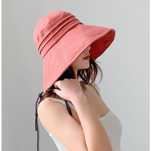 H7622 Women Fisherman Hat Girl Summer Sunscreen Bucket Cap Female Large Brim Leisure Outdoor Sunshade Pure Color Breathable Caps