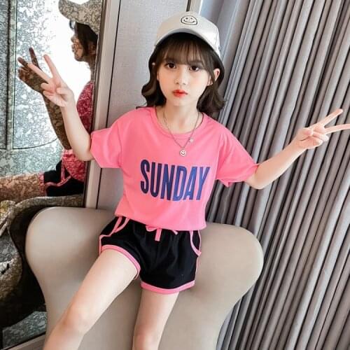 2021 Girls Clothes loose Summer tracksuit pink letter T shirt + Short Pants Child sunday Teenager Kids 4 7 6 8 10 12 13 14 Years