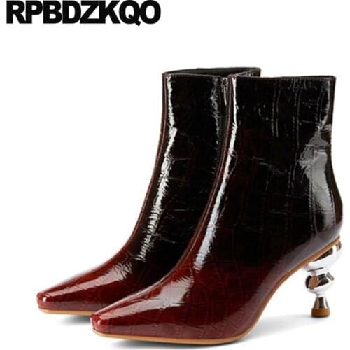 Metal Heel Boots Block High 12 44 Patent Leather Big Size Shoes Chunky Ankle Women Genuine Booties 10 Wine Red Square Toe Winter