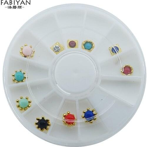Nail Art Wheel Decoration Colorful Pearl Bead Rhinestones Crystal Gems Metal Edge Round 3D Studs DIY Manicure Tips Tools Decals