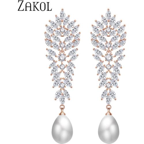 ZAKOL Luxury Marquise Cut Zirconia Crystal Big Long Dangle Earrings For Women Wedding Fashion Imitation Pearl Jewelry FSEP2211