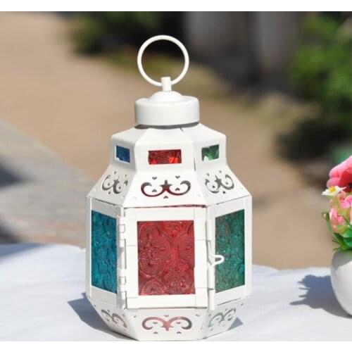 Iron Candlestick Hexagonal Lantern Colored Glass Candlestick Creative Mine Candlestick Wedding Decoration