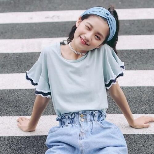 Summer Tops for Women 2019 Korean Style Lace Patchwork Flare Sleeve Cotton T-shirt Friends Tops Pink Blue tee shirt femme T120