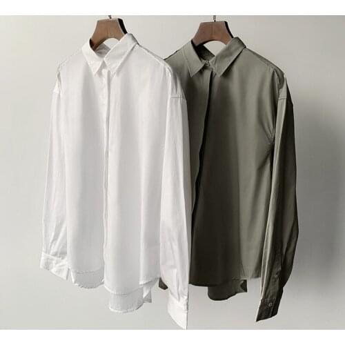 Women Silhouette Cotton Shirts Covered Buttons Long Sleeve Simple All-match Turn-down Collar Office Ladies Blouse Early Autumn