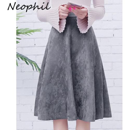 Neophil Women Suede High Waist Midi Skirt 2020 Winter Vintage Style Elastic Ladies A Line Black Green Flare Fashion Skirt S29A4