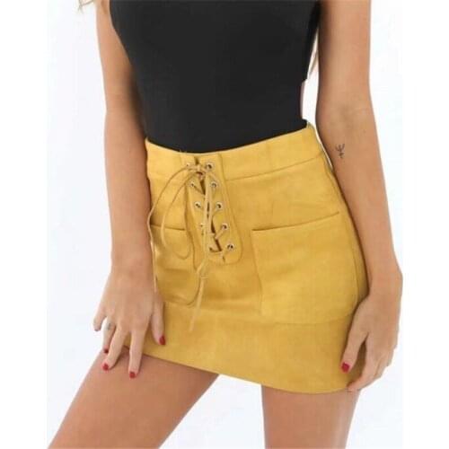 Women Leather Suede Skirts 2019 Lace Up Bandage High Waist Party Pencil Short Mini Skirt Ladies Womens Brief Solid Daily Skirts