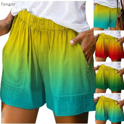 FEOGOR Womens shorts Womens summer shorts 2021 Summer New Fashion Gradient Color Pocket Wide Leg Shorts Womens Casual Pants