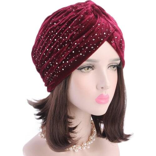 Muslim Women Elastic Velvet Drill Ruffle Turban Hat Cancer Chemo Beanies Caps Bandanas Headwrap Hair Loss Protector Accessories