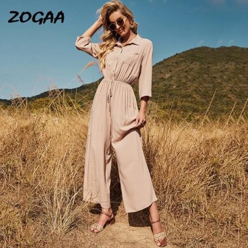 ZOGAA Jumpsuit Women Summer New Hot Sale Three-quarter Sleeve Casual Suit Turn-down Collar Wide-leg Loose Solid Office Lady Chic
