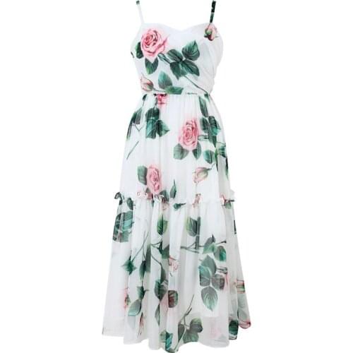 Women Summer Fashion Casual Plus Size 3XS-10XL Sexy V Neck Retro Vintage Elegant Slit Fit Rose Print Mid-calf Long Chiffon Dress