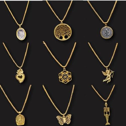 1pcs Retro Gold Plated Religion Metal Necklace, Sacred Heart Charms, Flower of Life Charms, Angel Charm,Tree of Life Charms