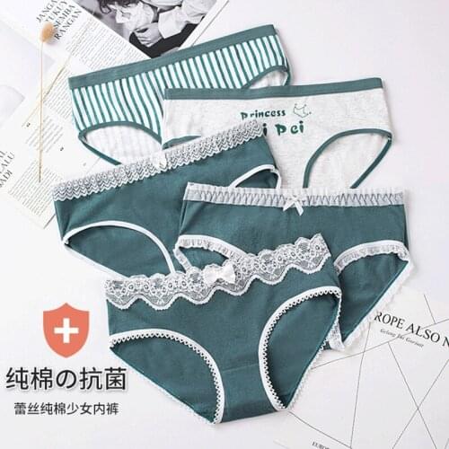 5PCS Women Panties Cotton Female Breathable Briefs Underwear Mid Waist Lace Comfort Lingerie Solid color ladies Underpant