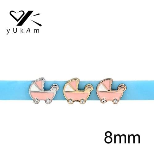 YUKAM Jewelry 8mm Gold Color Pink Baby Stroller Car Baby Carriage Pram Slide Charms Keeper for Mesh Bracelets Accessories Making