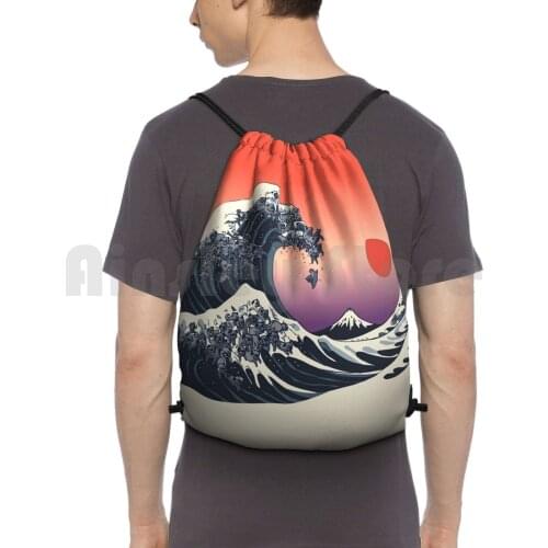 The Great Wave Of Black Pugs Backpack Drawstring Bags Gym Bag Waterproof Graphite Vintage Animals Nature Pug Wave