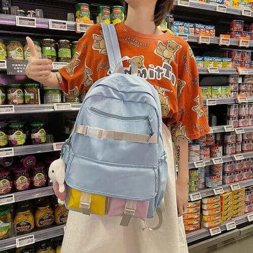 Large Backpack With Many Pockets Fashion Womens Backpack Kawaii Pendant Nylon School Bag For Teenage Girls Contrast Color
