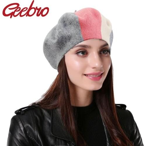 Geebro Female Fashion Cashmere Hat For Women Winter Flat Cap Wool Knit Hats Lady Three-color Patchwork Berets Painte Beanie